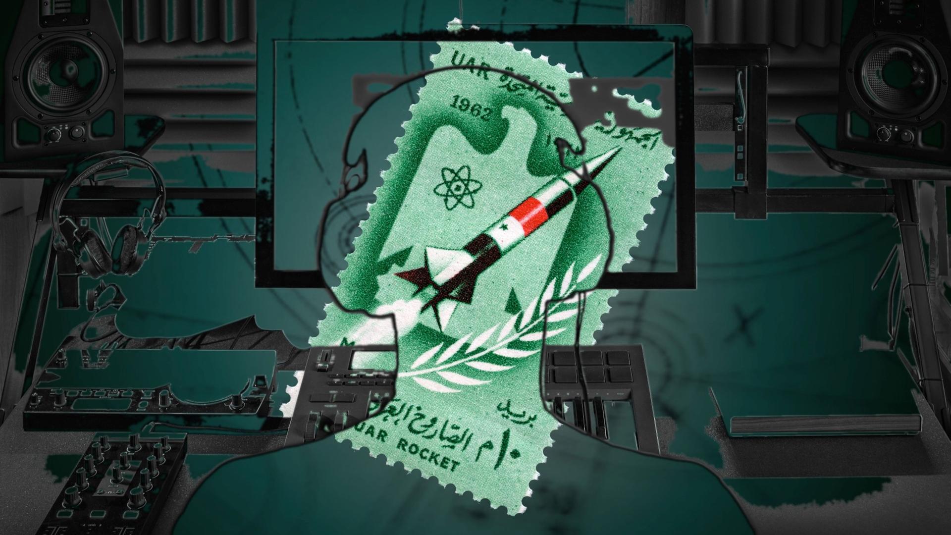 Collage: Ein Mensch in einem Tonstudio mit Computer, Mikrofon, Kopfhörern. Das Bild ist teilweise transparent. Darunter sieht man das "Die Experten"-Serienmotiv: Briefmarken auf grünem Grund mit Rakete darauf.