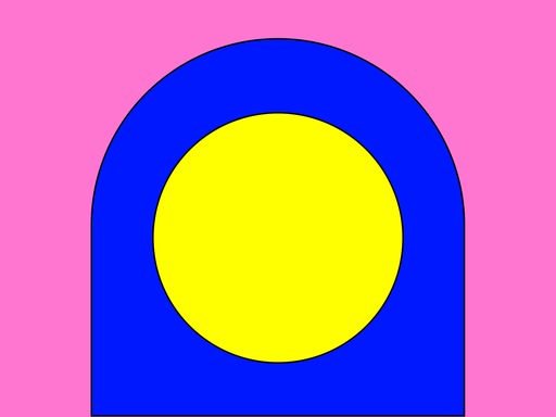 Die Grafik zeigt einen gelben Kreis auf einem blauen, halbrunden Grund auf pinkem Rechteck.