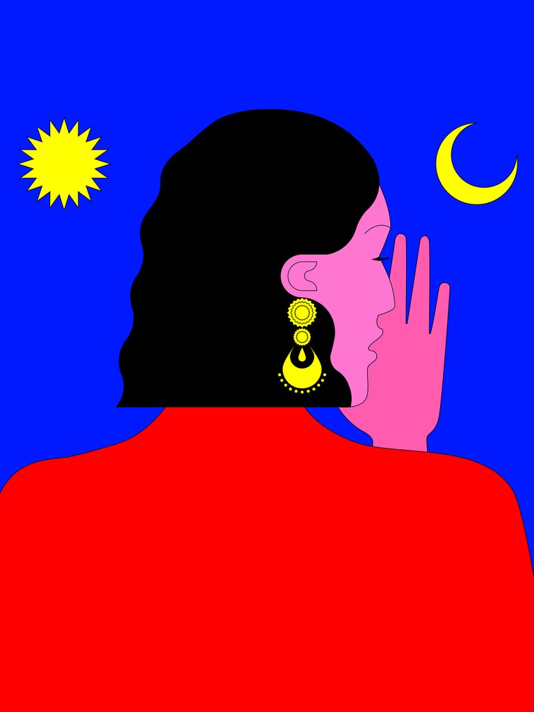 Die stilisierte Grafik zeigt Schahrasad in Rückenansicht vor einem blauen Himmel, an dem Mond und Sonne zugleich stehen. Sie schaut zur Seite und flüstert jemandem etwas zu. Ihr großer gelber Ohrring besteht aus mehrern Elementen.