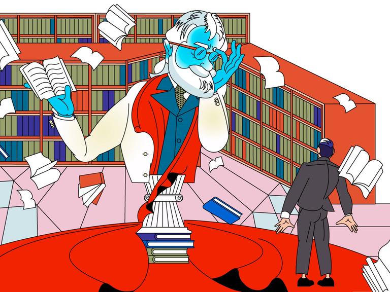 In der Bibliothek: Sven erstarrt vor einer überdimensionierten Gelehrtenskulptur, die ihn direkt ins Visier nimmt.