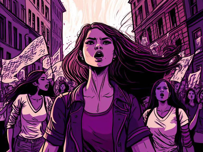 Lila eingefärbte Illustration von Frauen, die solidarisch und entschlossen für ihre Sache auf die Straße gehen.