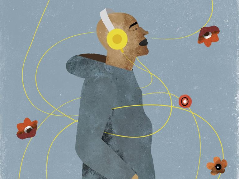 Illustration eines Mannes, der beim entspannten Spazierengehen Musik im Kopfhörer hört