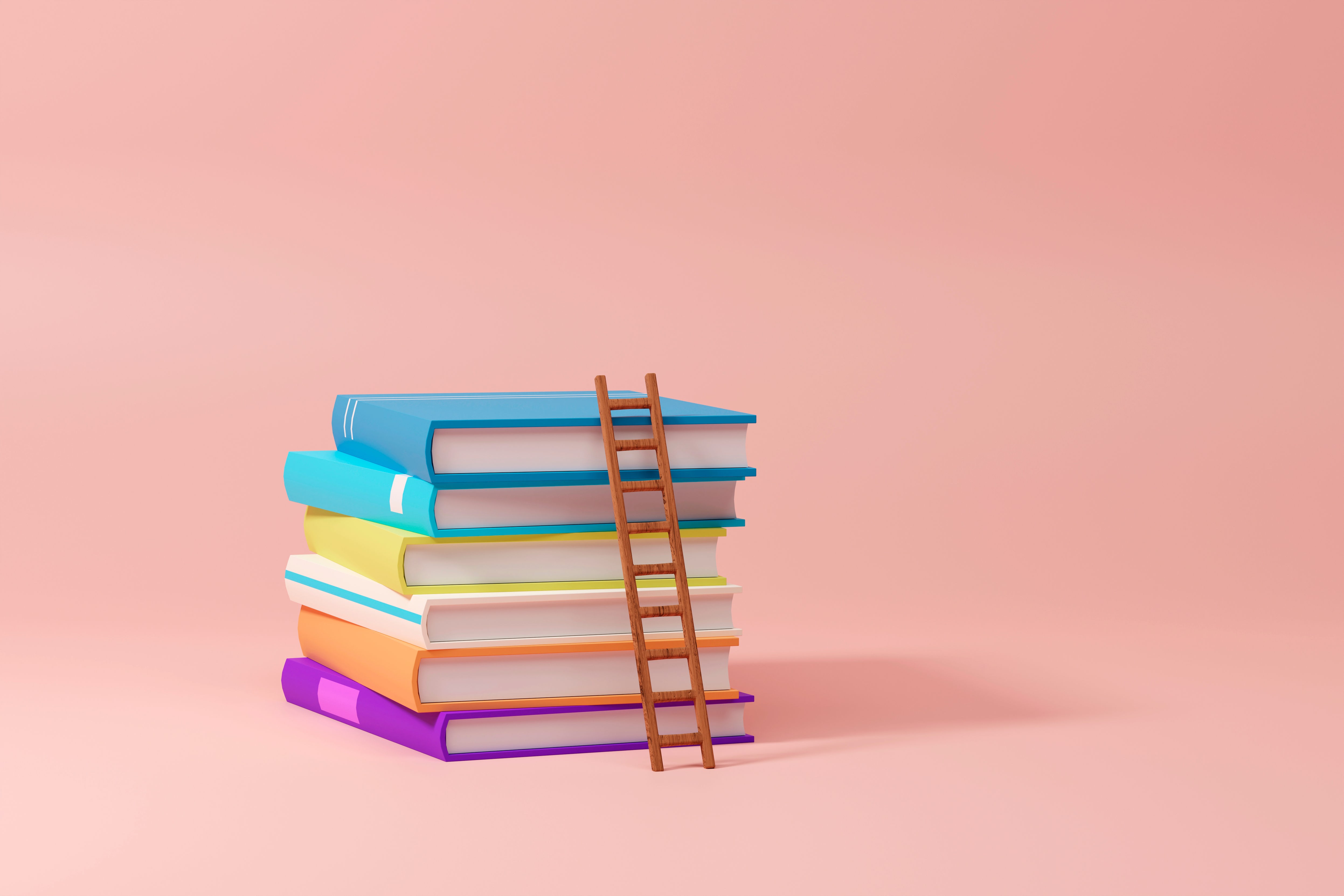 3D Illustration von farbigen Büchern, die aufeinander gestapelt auf einem rosa farbenen Hintergrund liegen. An ihnen lehnt eine kleine Leiter.