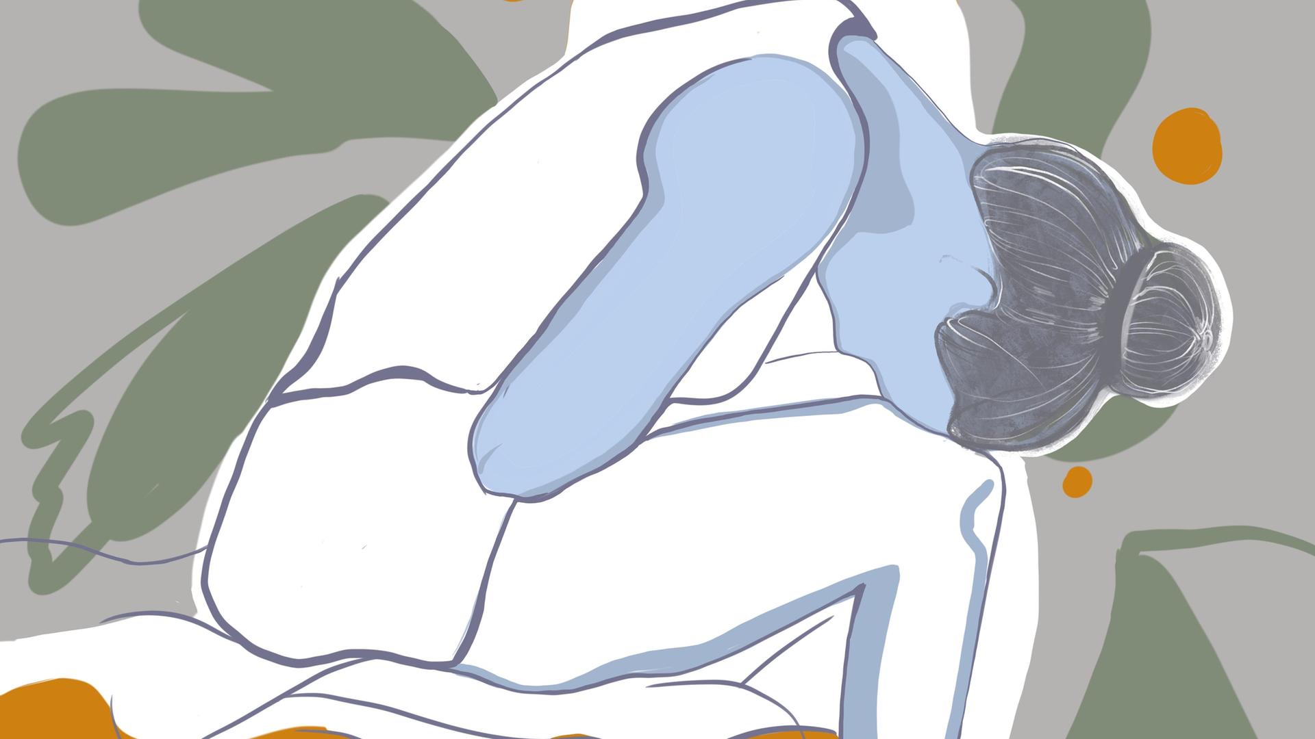 Illustration einer Frau, die gekrümmt auf einem Bett sitzt.