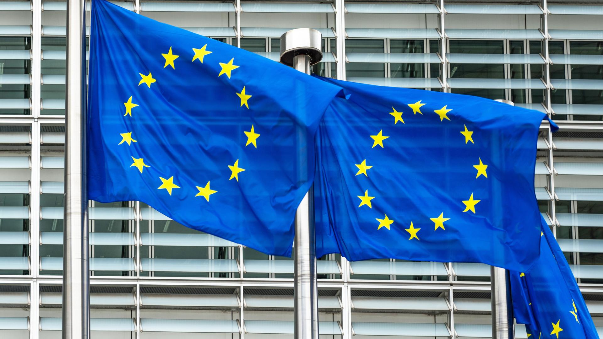 Europaflaggen vor dem Sitz der Europäischen Kommission in Brüssel Europaflaggen vor dem Sitz der Europäischen Kommission in Brüssel