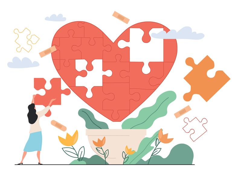 Eine Illustration einer Person, die Puzzleteile in ein rotes Herz einsetzt.