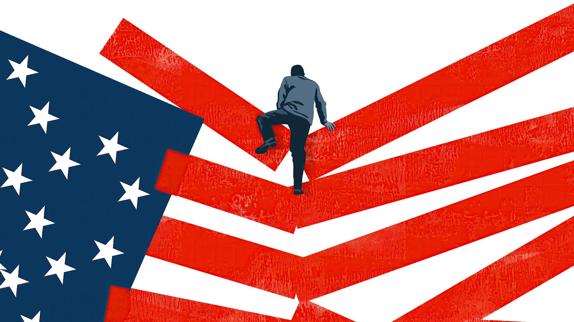 Illustration: Ein Mann klettert über eine in sich zusammenfallende Flagge der USA.