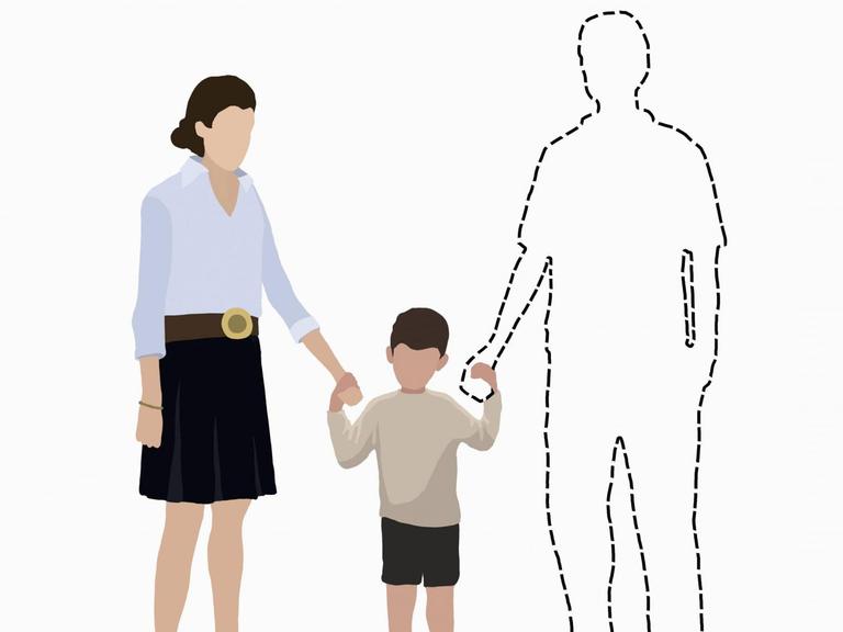 Illustration: ein Kind hält einen vermissten Vater, eine Leerstelle in gestrichelten Linien an der Hand, und an der anderen Hand seine Mutter.