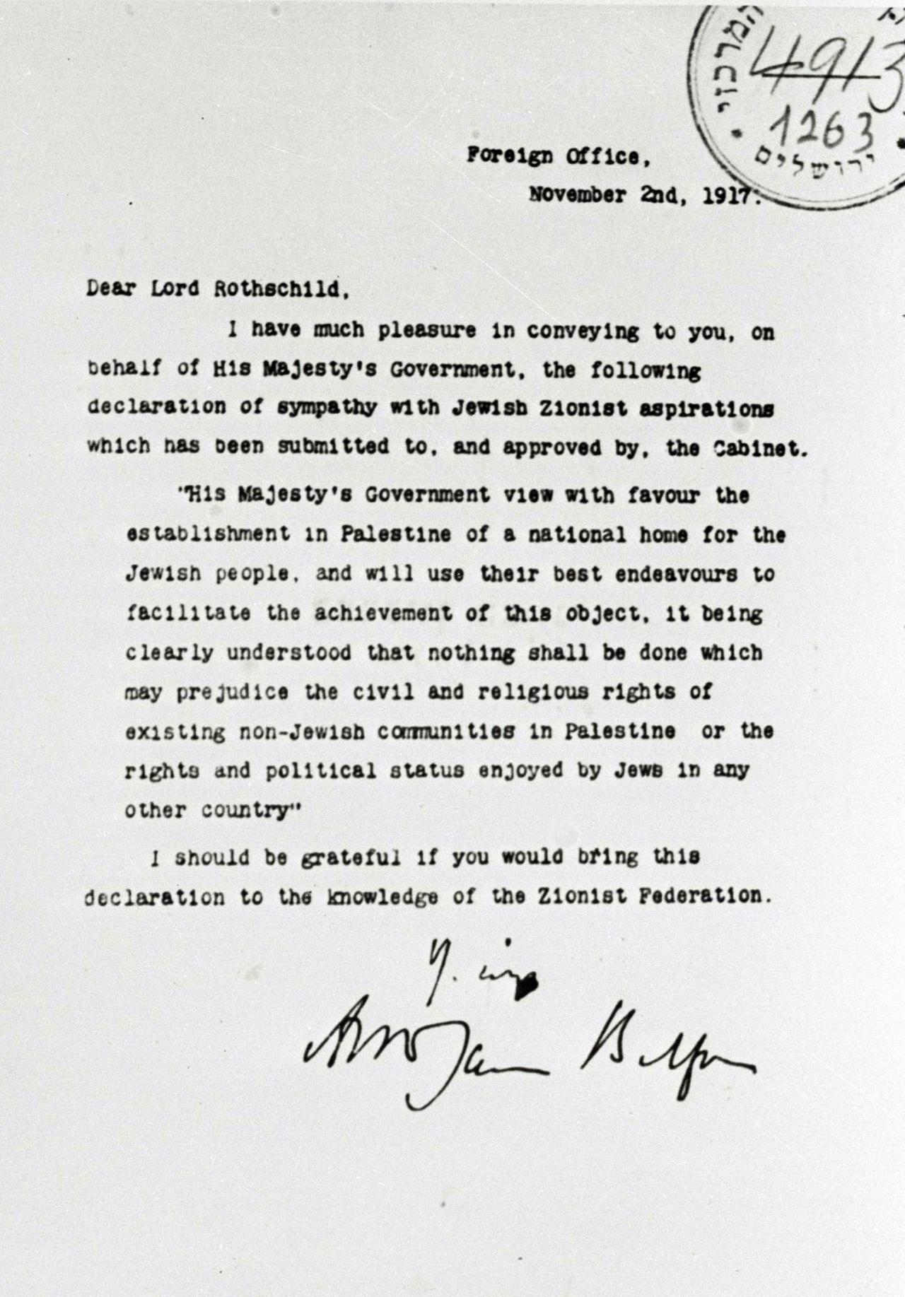 Eine Kopie der Balfour Declaration