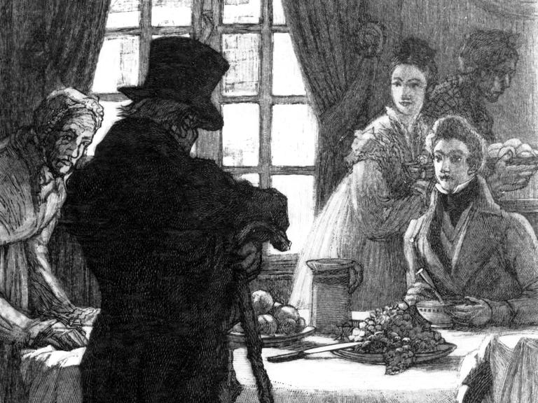Illustration von Vater Grandet, einer Figur von Honoré de Balzac, mit Zylinder vor einem gedeckten Tisch.