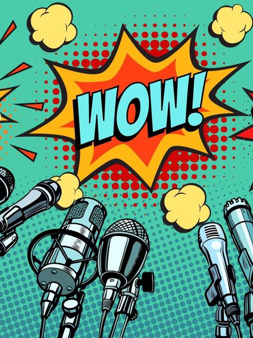 In Stil eines Pop Art Bildes sind mehrere Sprechblasen hinter Mikrofonen zu sehen.