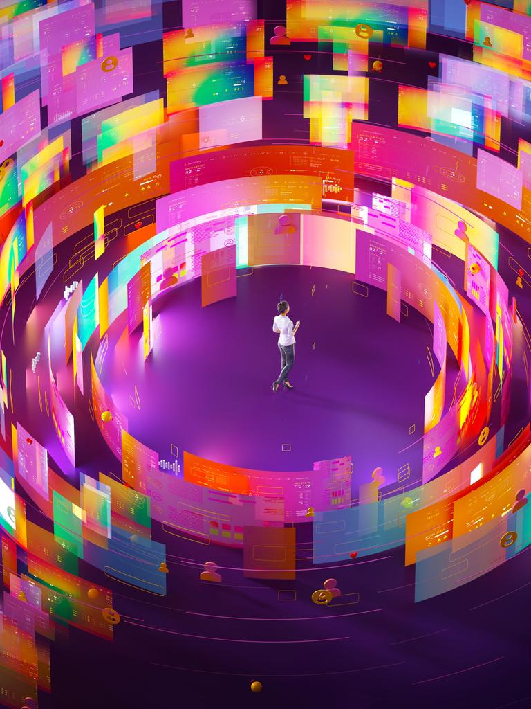 Illustration einer Person, die inmitten eines schier endlose Strudels aus Werbeseiten, Reaktionen und Likes steht. Der Hintergrund ist in einem Violetton gehalten.