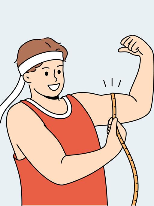 Ein Comic zeigt einen Mann, der mit einem Maßband die Größe seiner Muskeln am Arm misst.