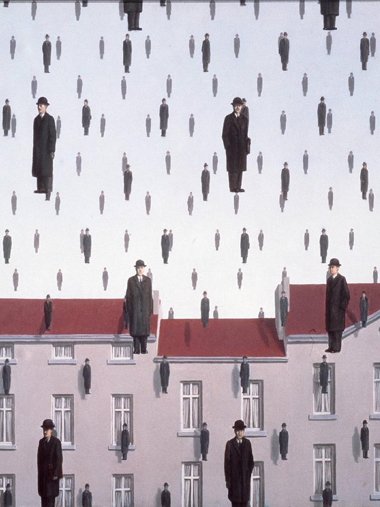 Das Gemälde "Golconda "vom belgischen Surrealisten René Magritte aus dem Jahr 1953. Identisch aussehende schwebende Männer in Mantel und Melone vor einer Häuserkulisse. Es gilt als eines der bedeutendsten Gemälde des Surrealismus.