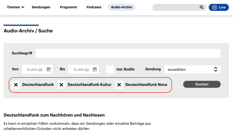 Screenshot der Audio-Archiv-Suche Screenshot der Audio-Archiv-Suche