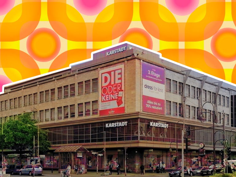 Galeria am Hermannplatz in Berlin ist zu sehen. Wir schauen auf die Ecke, wodurch das geradlinige Form des Gebäudes betont wird. Die Filiale ist ausgeschnitten und vor einen Hintergrund gelegt, der an eine Retro-Tapete aus den 70ern erinnert.