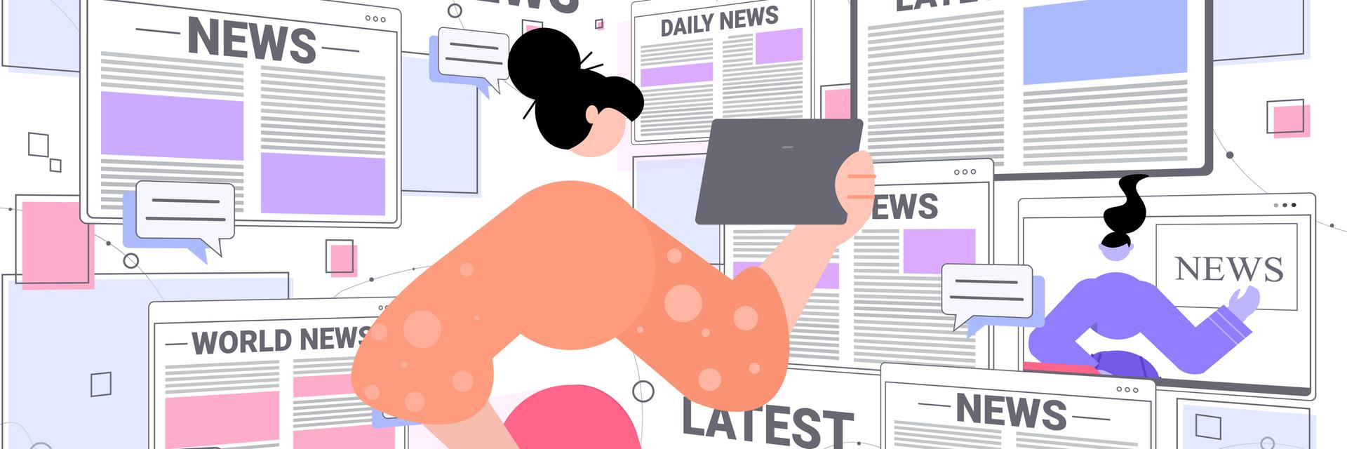 Illustration zeigt eine Frau die Nachrichten auf einem Tablett liest. Hinter ihr werden auf verschiedenen Bildschirman aktuelle Nachrichten angezeigt. Illustration zeigt eine Frau die Nachrichten auf einem Tablett liest. Hinter ihr werden auf verschiedenen Bildschirman aktuelle Nachrichten angezeigt.