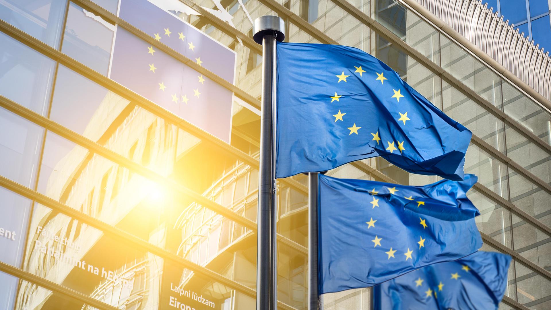 Die Fassade des Europaparlaments im Abendlicht - davor zwei wehende Europaflaggen