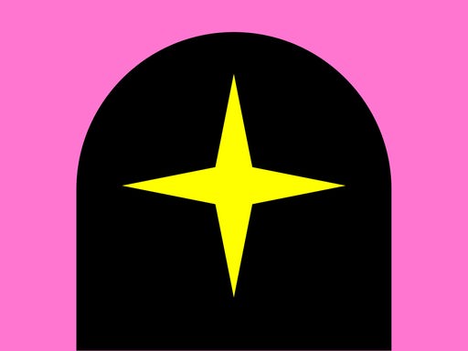 Die Grafik zeigt einen gelben vierzackigen Stern auf einem schwarzen, halbrunden Grund auf einem pinken Untergrund.