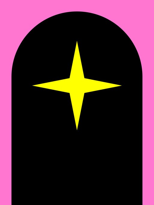 Die Grafik zeigt einen gelben vierzackigen Stern auf einem schwarzen, halbrunden Grund auf einem pinken Untergrund.