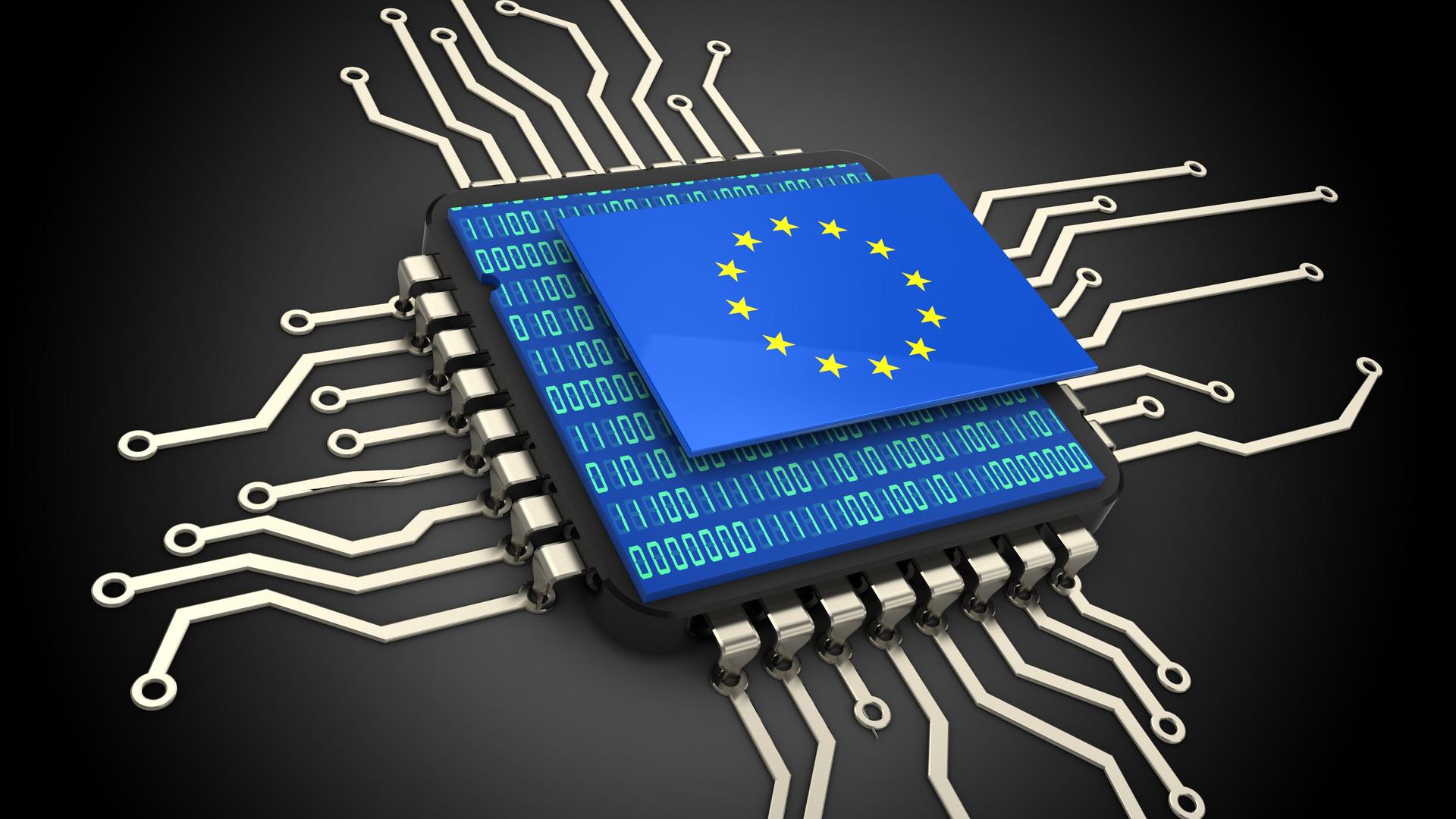 3D-Illustration eines Computerchips mit aufgedruckter EU-Flagge.